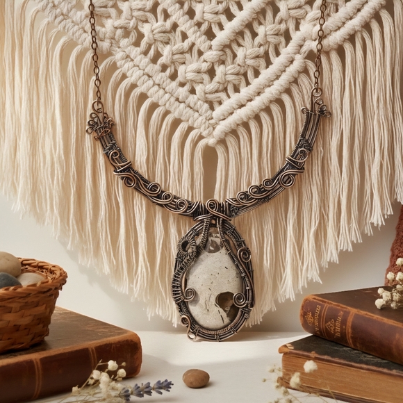 Boho Chic Copper Wire Wrapped Coffee Bean Jasper Gemstone Artisanal Necklace - Picture 7 of 13